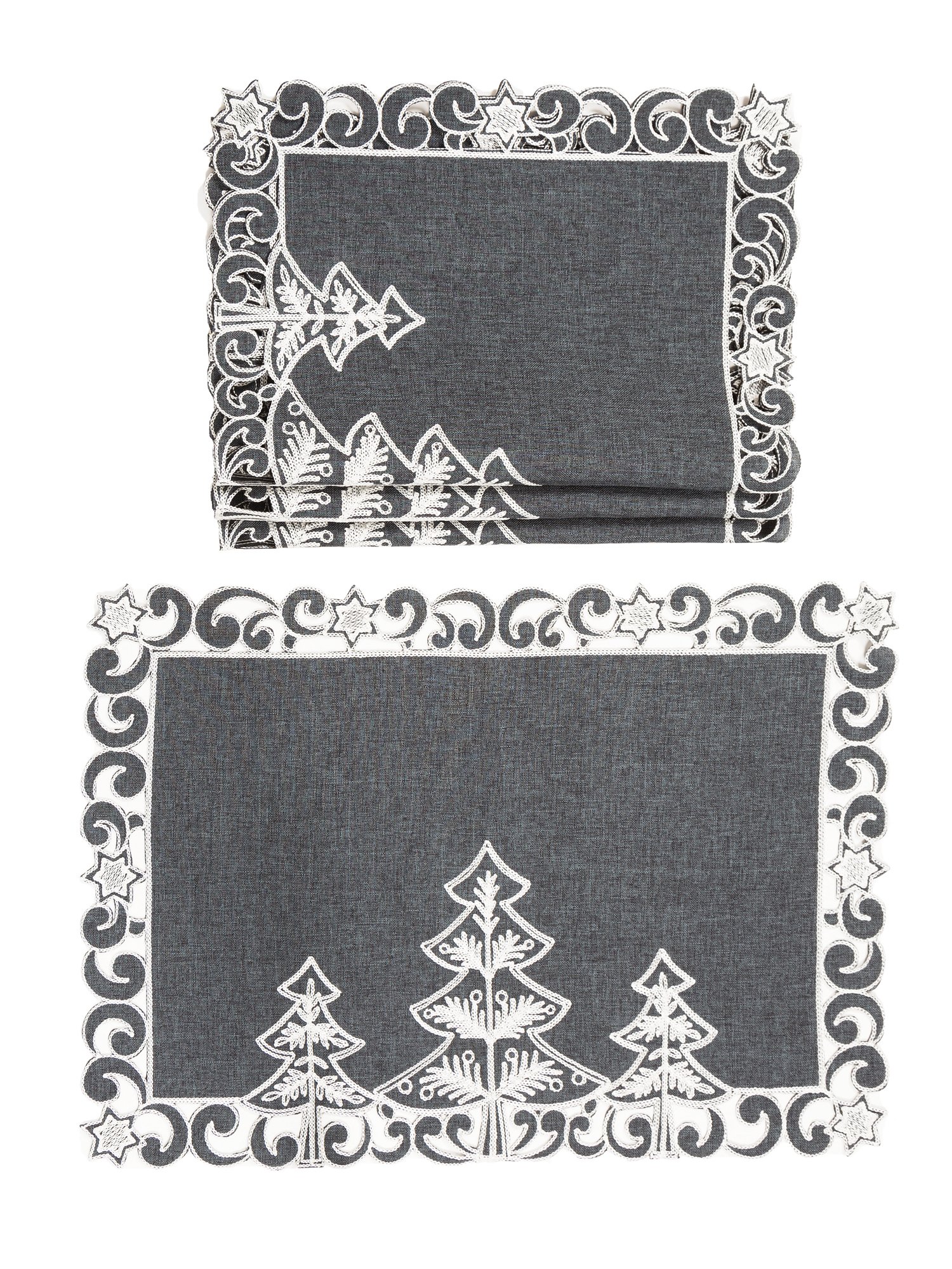 Set of 4 Christmas Tree placemats featuring embroidered designs on gray fabric, perfect for holiday dining.